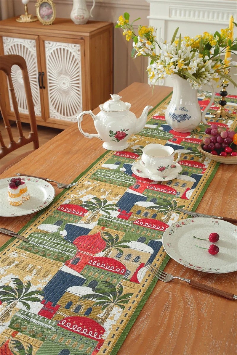 Bluejw ized 35*180cm Muslim Ramadan Print Jacquard Polyester Table Runner with Moon Star Design Eid Mubarak Tassels - Image 3